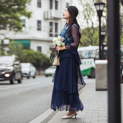 【林栖设计小店】蓝印花系列连衣裙蓝印花布传统拼真丝蛋糕长裙女1942269 商品图7