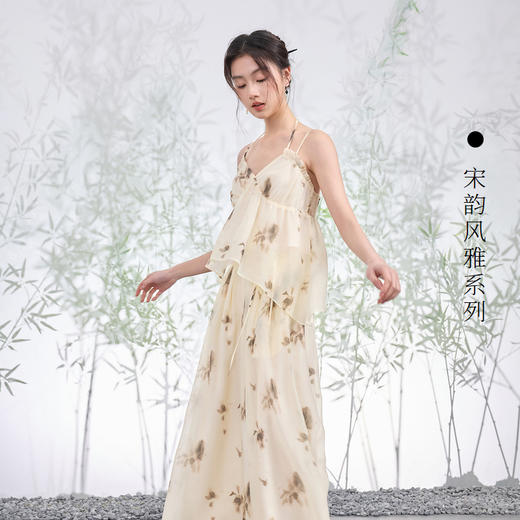 三彩【渺渺金缕】2024夏季新款新中式套装挂脖系带吊带宽松长裤女C 商品图3