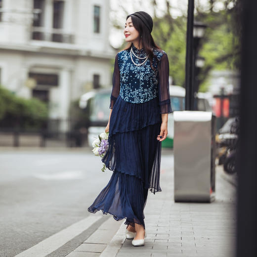 【林栖设计小店】蓝印花系列连衣裙蓝印花布传统拼真丝蛋糕长裙女1942269 商品图5