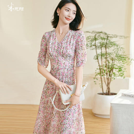 剩S/XL 米思阳2025夏季新款优雅知性碎花连衣裙V领收腰泡泡袖A字裙女0764 商品图0