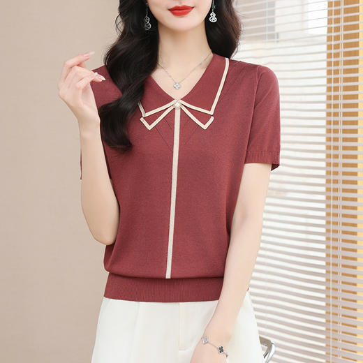 CC娃娃领天丝短袖t恤女夏季2024新款洋气减龄针织上衣薄款冰丝体恤 商品图3