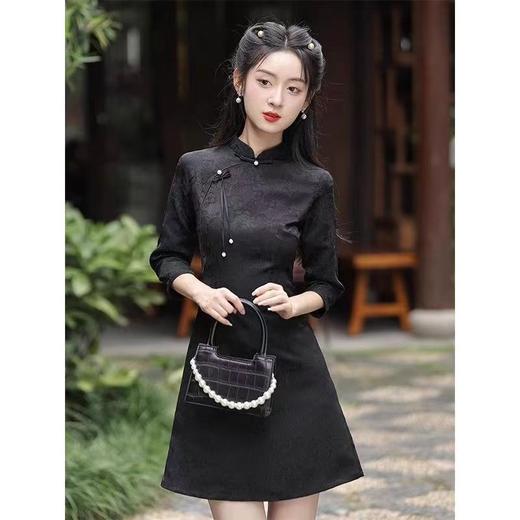 AHM-9843新中式黑色旗袍裙夏季新款小个子年轻款复古改良古风连衣裙 商品图1