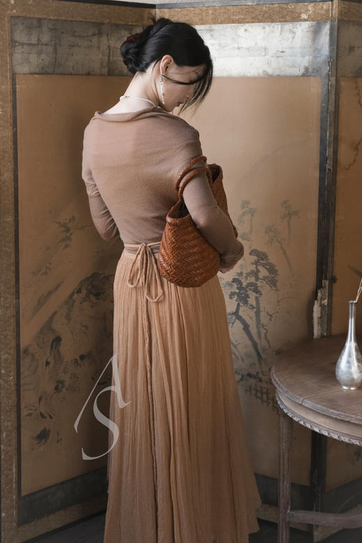 Cortana  淡草绿/杏色Aurora细褶真丝半裙 商品图2