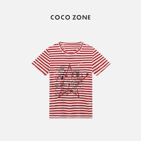 COCO ZONE 时尚星星绣花条纹短袖T恤圆领简约休闲上衣CC2B0599