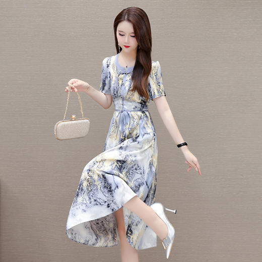 QYM-SKA433夏款中长款印花修身时尚雪纺裙新中式短袖国风优雅气质连衣裙 商品图2