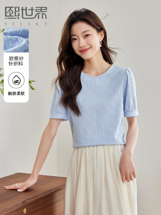 【专属特价】熙世界欧根纱蕾丝雪纺衫2025夏装新款圆领宽松宫廷风泡泡袖上衣 商品图0