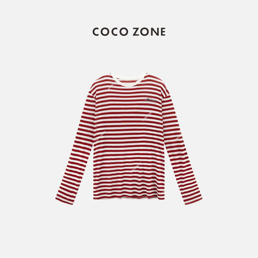 COCO ZONE夏季拼色条纹圆领长袖针织衫百搭休闲套头上衣CC2B0604 商品图0