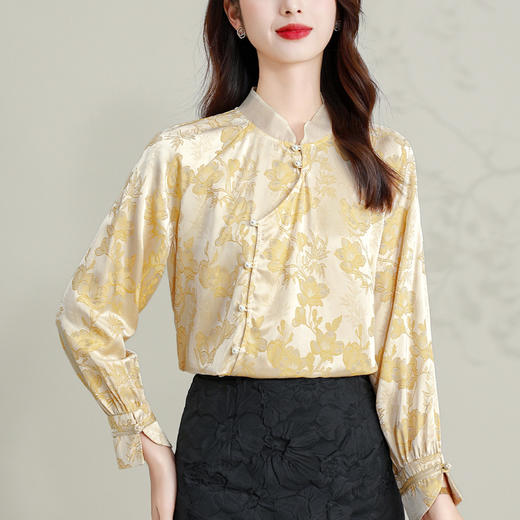 HT-1878实拍新中式衬衫春秋新款原创中国风女装香槟色改良提花上衣 商品图3