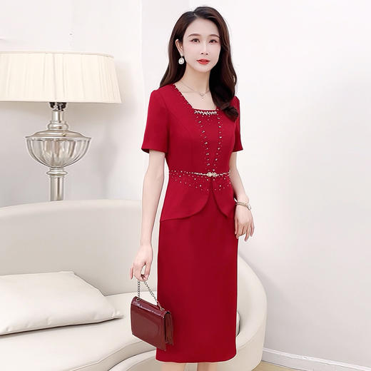 QYM8932假两件中长款洋气红色礼服裙夏款通勤优雅显瘦修身时尚连衣裙 商品图2