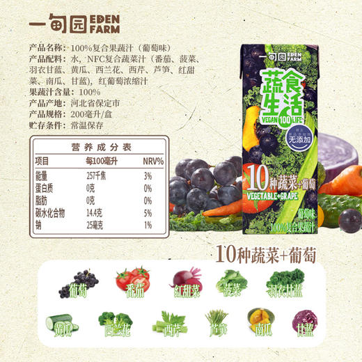 一甸园 蔬食生活100%复合果蔬汁（葡萄味）200ml*10 商品图4