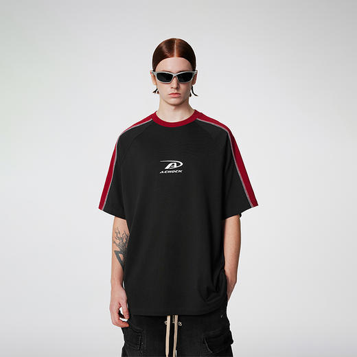 【博主爆款🔥】美式复古重磅撞色拼接短袖潮牌宽松重工设计t恤 商品图0