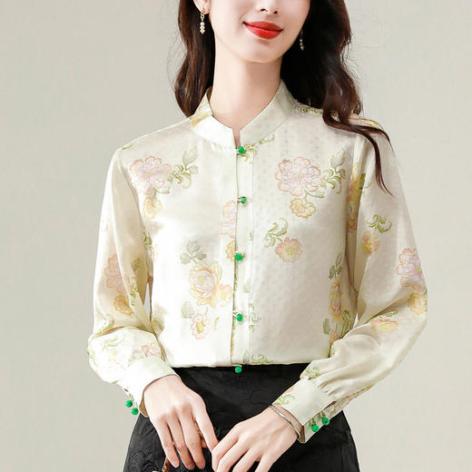 HT-1896实拍新中式国风女装上衣早春新款小立领仿真丝衬衫 商品图2