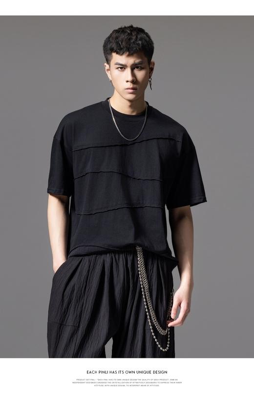 PINLI品立2024夏季新款拼接散边短袖T恤男士潮牌纯色百搭宽松体恤B242111067 商品图7