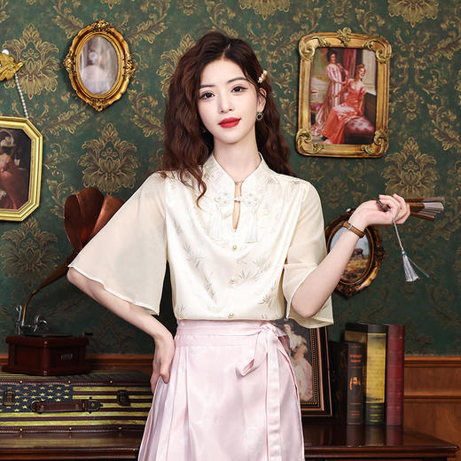 中式国风，流苏盘扣印花荷叶袖雪纺衫KQL-559G1340 商品图1