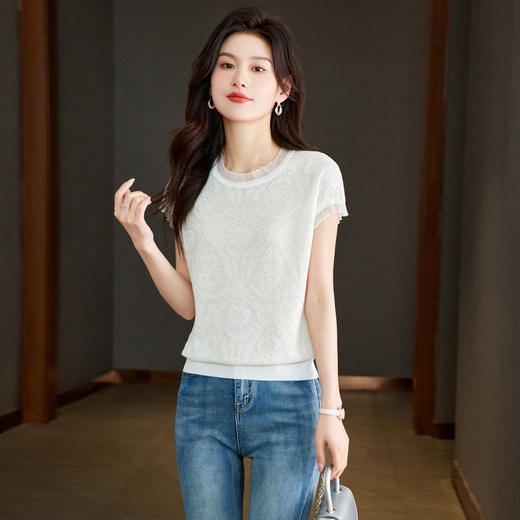 CC 68292天丝薄款针织衫洋气减龄蕾丝提花显瘦遮肉上衣 商品图1