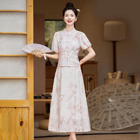 HRFS-8679新中式风立领印花套装夏季上新时尚复古优雅轻奢两件套裙