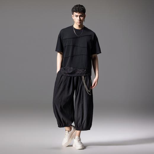 PINLI品立2024夏季新款拼接散边短袖T恤男士潮牌纯色百搭宽松体恤B242111067 商品图4