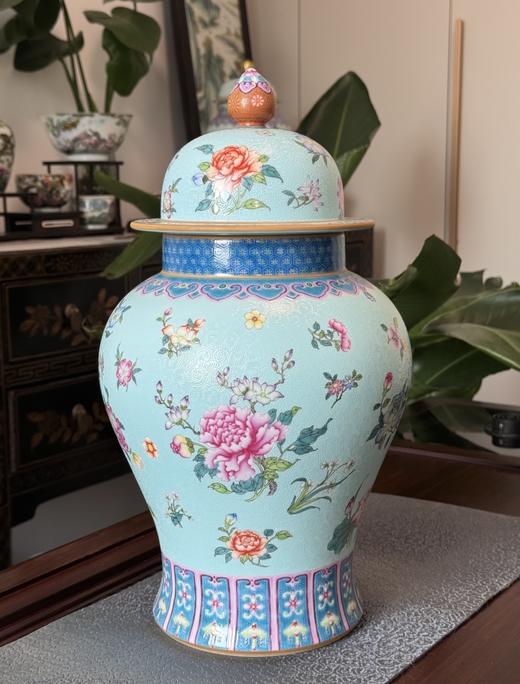 珐琅彩松石绿扒花杂花将军罐 商品图0