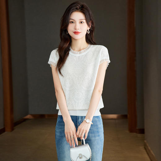 CC 68292天丝薄款针织衫洋气减龄蕾丝提花显瘦遮肉上衣 商品图3