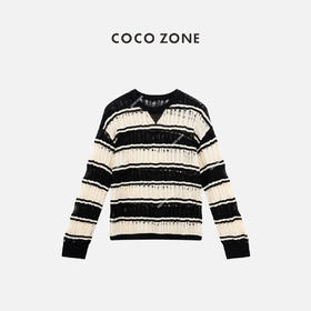 COCO ZONE“洛拉”夏季镂空圆领针织衫条纹宽松长袖上衣CC1B0854