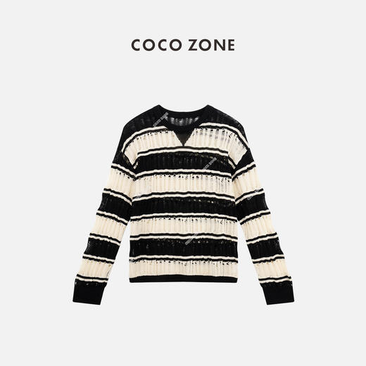 COCO ZONE“洛拉”夏季镂空圆领针织衫条纹宽松长袖上衣CC1B0854 商品图0