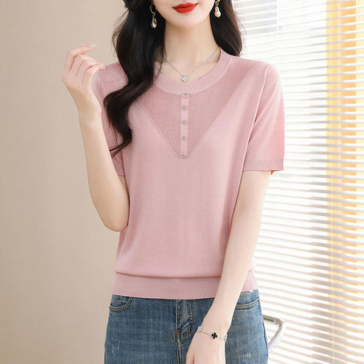 CC夏季妈妈针织衫体恤短款上衣2024新款洋气镂空薄款冰丝短袖t恤衫 商品图1