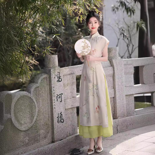 日常复古文艺修身，奥黛旗袍裙2件套可拆卸YMT-84014 商品图2