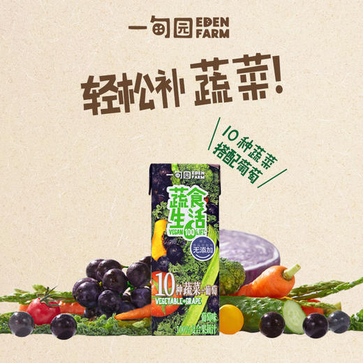 一甸园 蔬食生活100%复合果蔬汁（葡萄味）200ml*10 商品图1