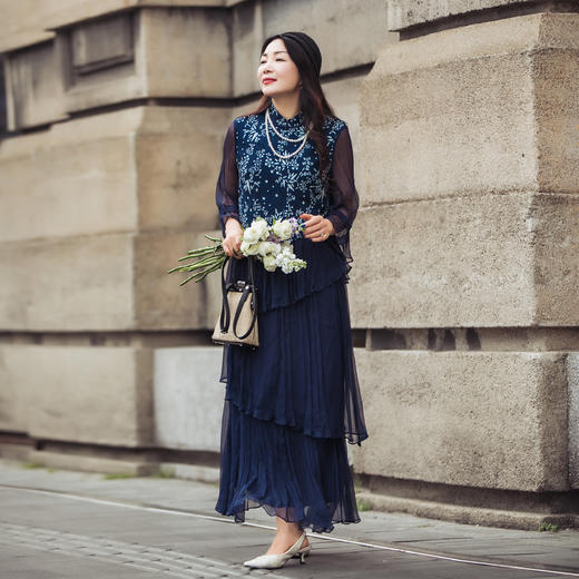 【林栖设计小店】蓝印花系列连衣裙蓝印花布传统拼真丝蛋糕长裙女1942269 商品图0