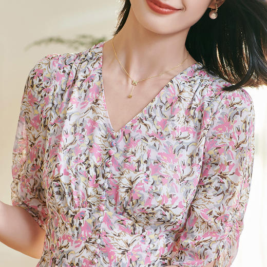 剩S/XL 米思阳2025夏季新款优雅知性碎花连衣裙V领收腰泡泡袖A字裙女0764 商品图4