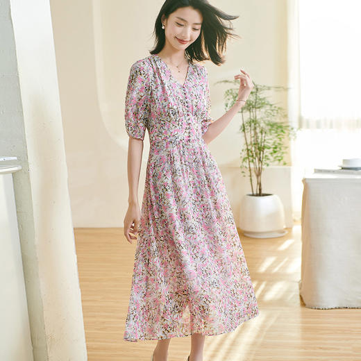 剩S/XL 米思阳2025夏季新款优雅知性碎花连衣裙V领收腰泡泡袖A字裙女0764 商品图1