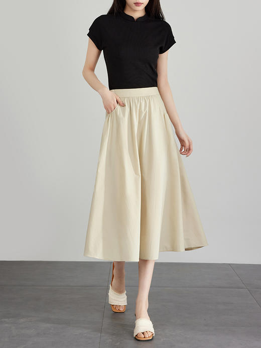 【专属特价】熙世界纯色a字半身裙夏2025新款百搭赫本风中长款伞裙高腰裙子 商品图2