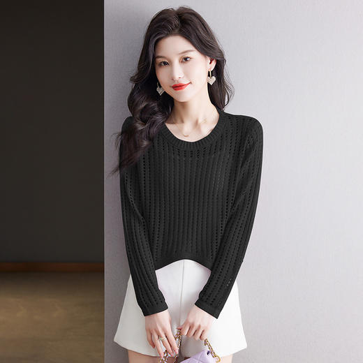 CC13-6821长袖打底衫女t恤夏装2024新款宽松镂空洋气薄款显瘦遮肉短款上衣 商品图1