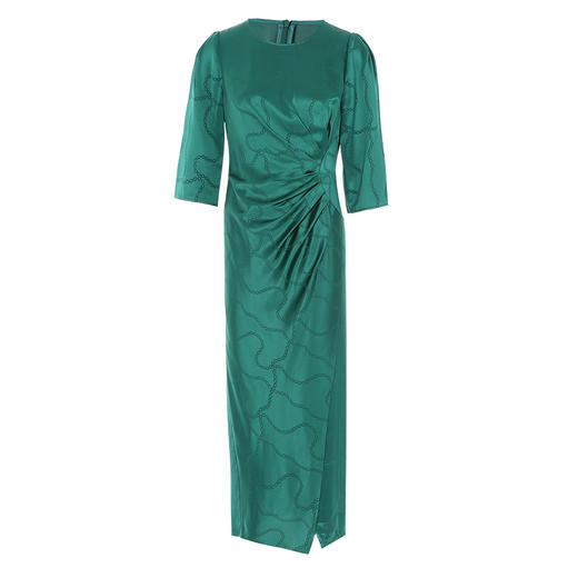 EITIE连衣裙精致大方圆领提褶收腰开叉绿色印花连衣裙秋季新款C2307250 商品图5