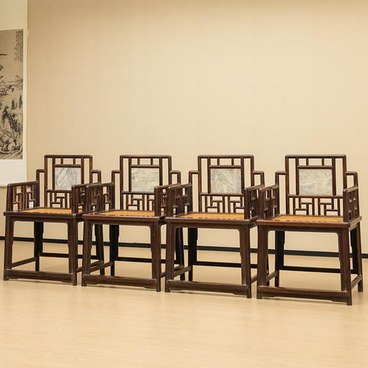 清 红木镶云石攒接靠背扶手玫瑰椅成堂（一堂四只） 商品图4