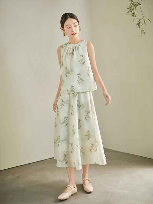 【专属特价】熙世界轻国风禅意竹叶印花无袖挂脖雪纺上衣a半身裙夏季两件套 商品图4