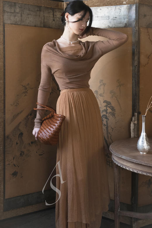 Cortana  淡草绿/杏色Aurora细褶真丝半裙 商品图3