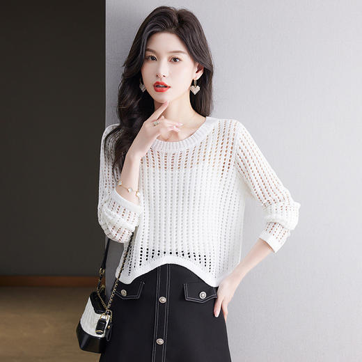 CC13-6821长袖打底衫女t恤夏装2024新款宽松镂空洋气薄款显瘦遮肉短款上衣 商品图2