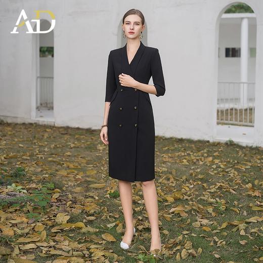 AD气质双排扣西装连衣裙女2024夏季中袖职业装正式场合连身裙黑色 商品图3