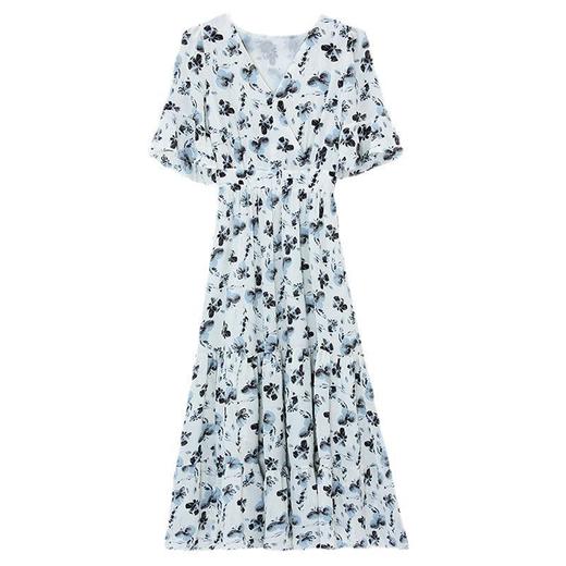 连衣裙女夏季2024新款气质中长款短袖V领雪纺碎花荷叶袖大摆长裙 商品图4