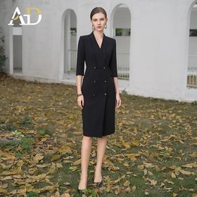 AD气质双排扣西装连衣裙女2024夏季中袖职业装正式场合连身裙黑色