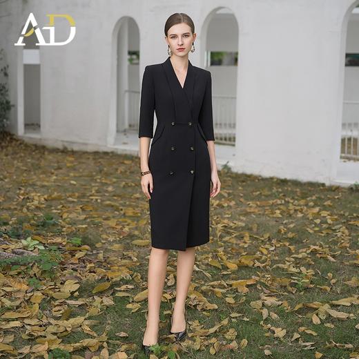 AD气质双排扣西装连衣裙女2024夏季中袖职业装正式场合连身裙黑色 商品图0