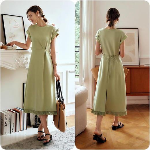 OLrain欧芮儿绿色连衣裙女夏季2024年新款设计感针织流苏收腰长裙 商品图3