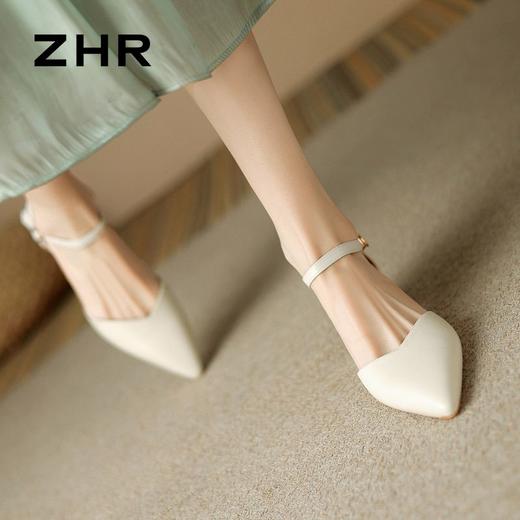 ZHR则则尖头气质凉鞋2024新款百搭时尚包头凉鞋粗跟一字法式女鞋 商品图5
