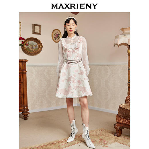 MAXRIENY新中式立领A字裙秋蕾丝提花连衣裙重工(货号:MC87DR569) 商品图1