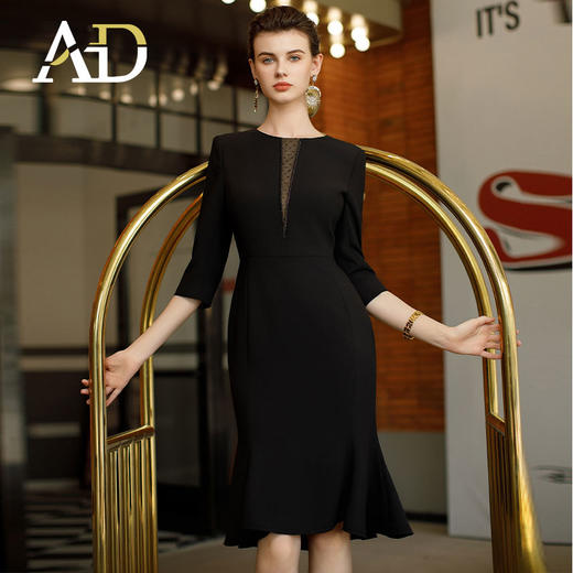 AD气场强大女装2024新款七分袖圆领连衣裙蕾丝接拼西装裙鱼尾裙 商品图1