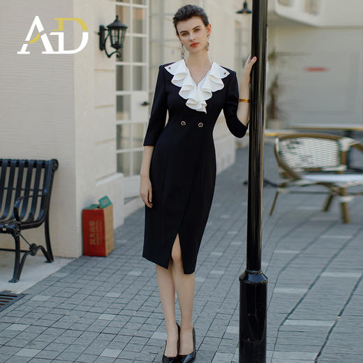AD职业装气质女神范连衣裙高端荷叶边开叉复古小黑裙赫本风西装裙 商品图1