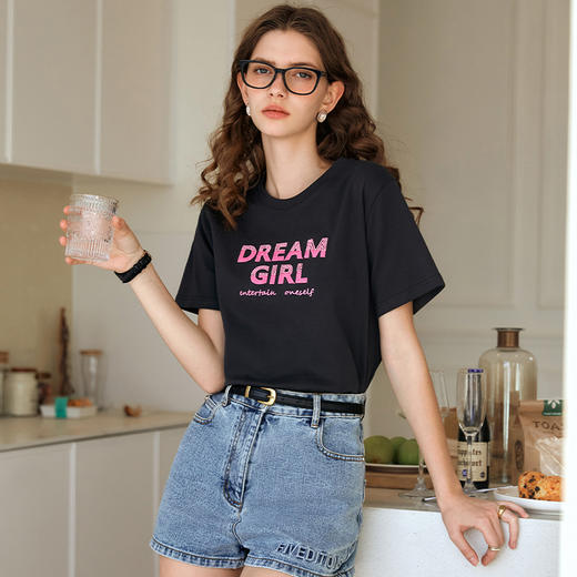 OLrain欧芮儿黑灰色T恤女夏季2024年新款美式复古百搭印花短袖 商品图1