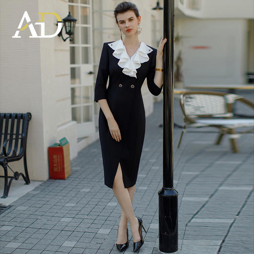 AD职业装气质女神范连衣裙高端荷叶边开叉复古小黑裙赫本风西装裙 商品图2