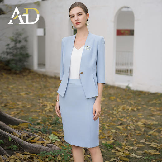 AD医美前台工作装2024新款职业装气质一粒扣中袖外套蓝色西装套装 商品图1